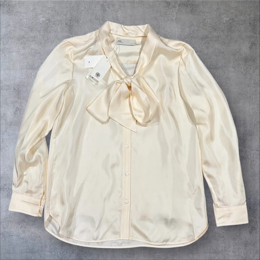 Tory Burch Silk Bow Blouse French Cream Sz 6 Removable Collar NWT‎